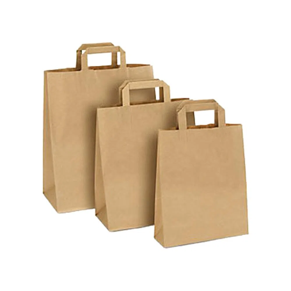 250 bolsas papel kraft 26x14x30 cm color marrón asas planas