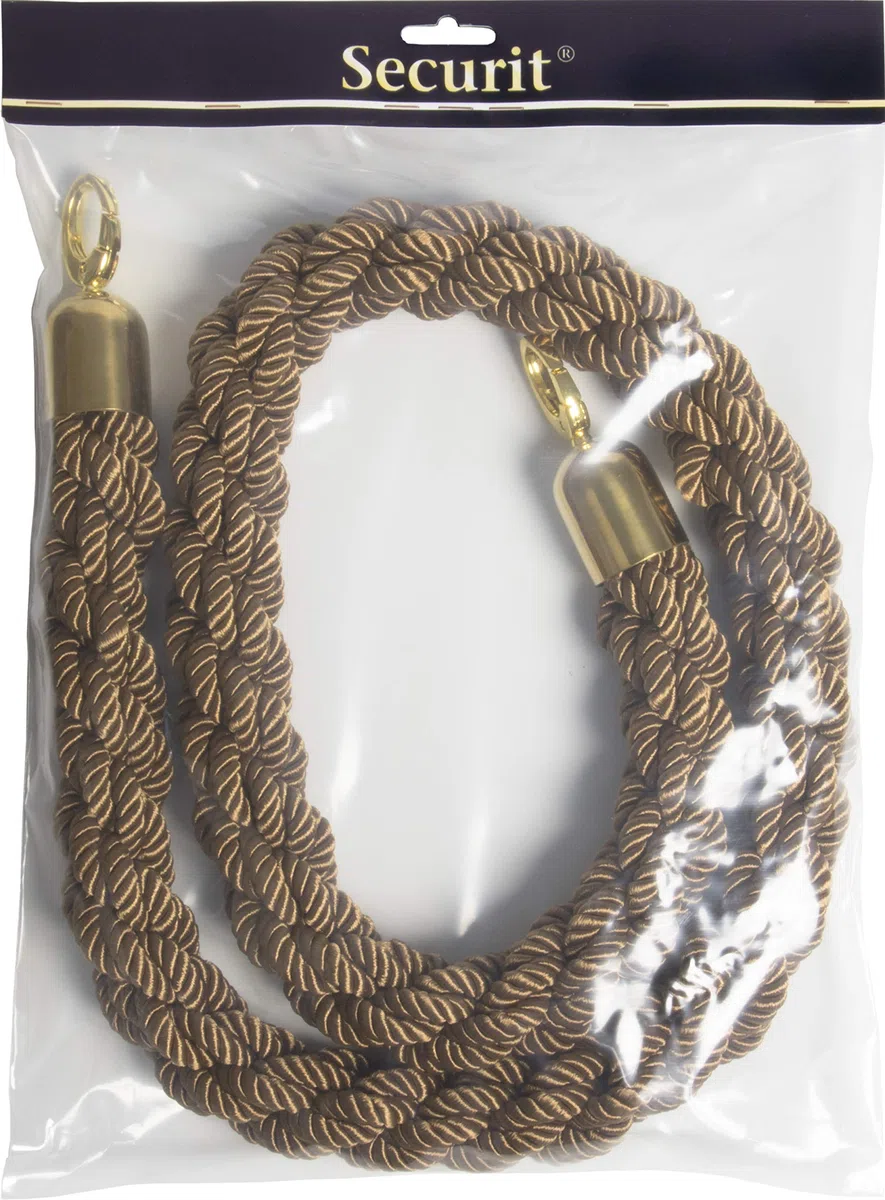 SECURIT - Cordón Cuerda de Terciopelo para Sistema de Barrera Clásico - con Extremos Metálicos - Bar, Restaurante, Discoteca, Tienda - L. 152 cm - Acabado Dorado - Bronce
