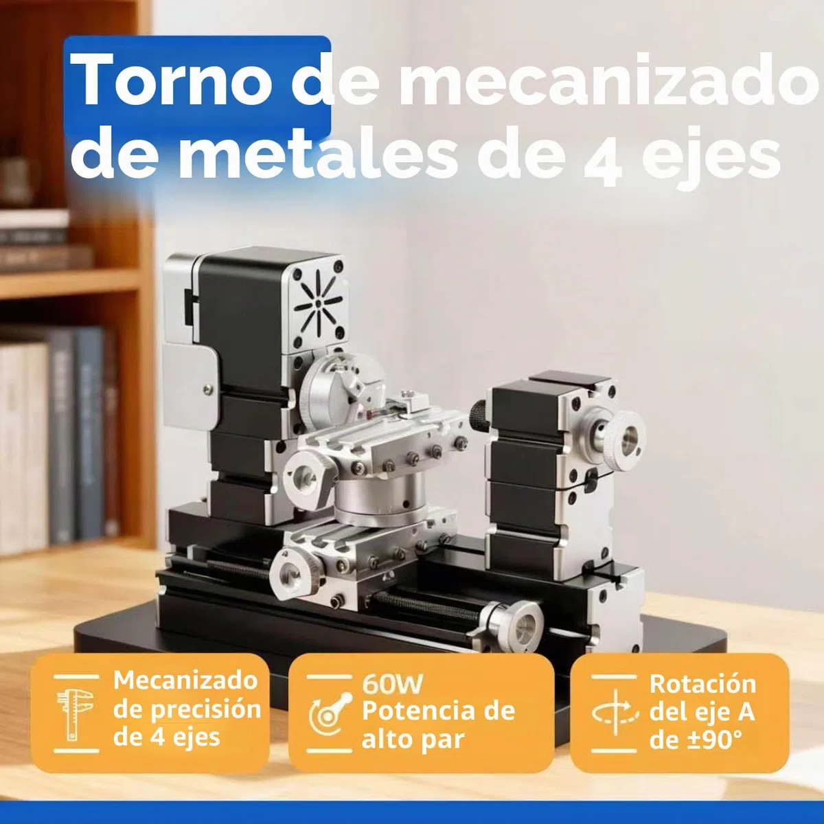 Mini torno de metal 60W 12,000 RPM, herramienta de máquina de 4 ejes para metal blando, madera, acrílico, plástico, mini torno de precisión con guarda de seguridad, indexador rápido, escala de