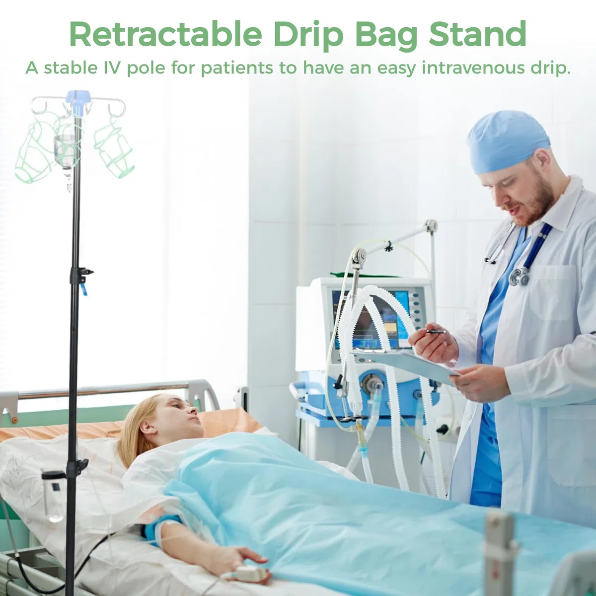 Soporte de poste IV con 4 ganchos y 3 bolsas de red, soporte retráctil para bolsa de goteo intravenosa, trípode plegable, soporte móvil portátil para botellas de goteo para cuidado del hogar