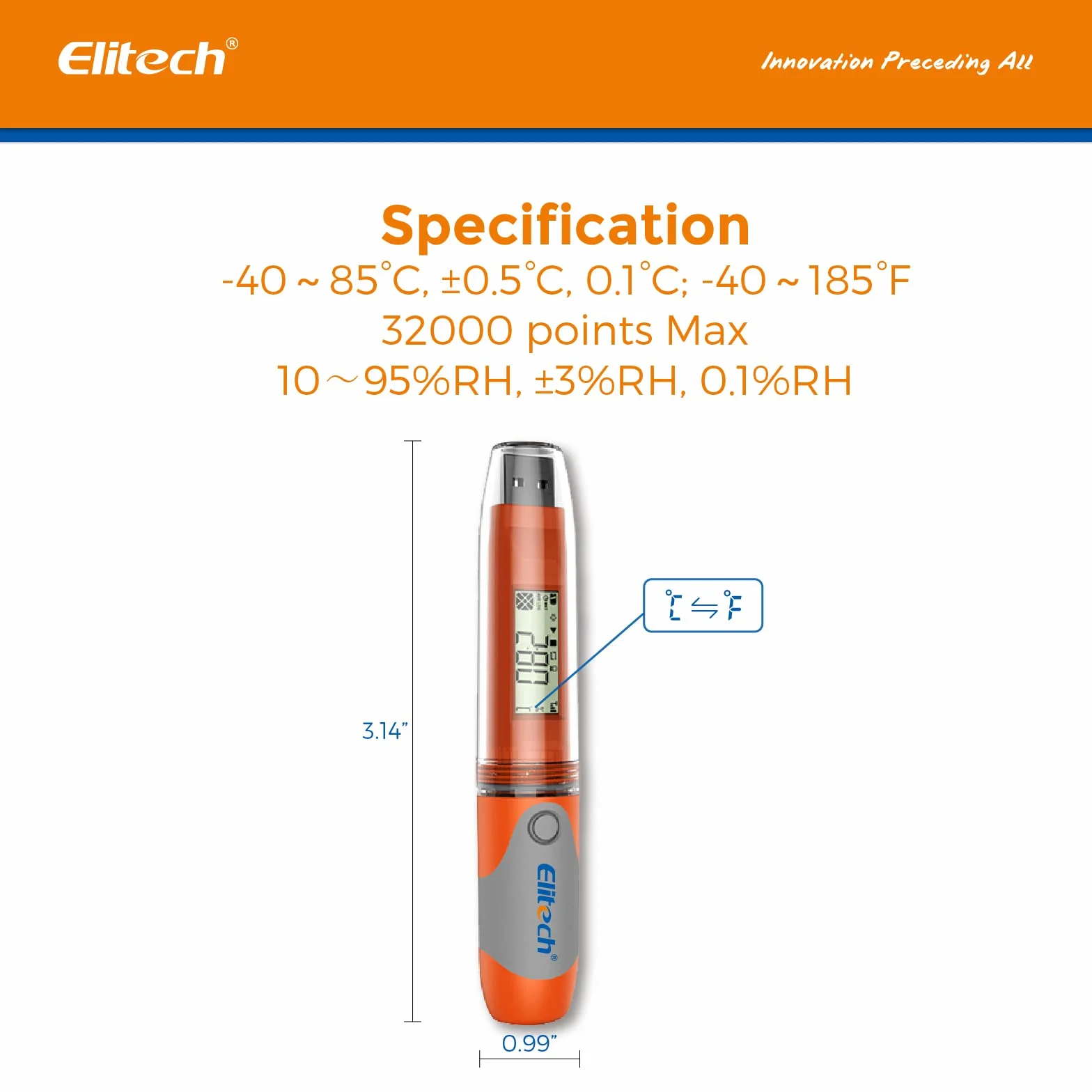Elitech Registrador de Datos de Temperatura y Humedad Data Logger USB, 32000 grabaciones, PDF CSV&PDF Alarmas RC-51H 10Packs