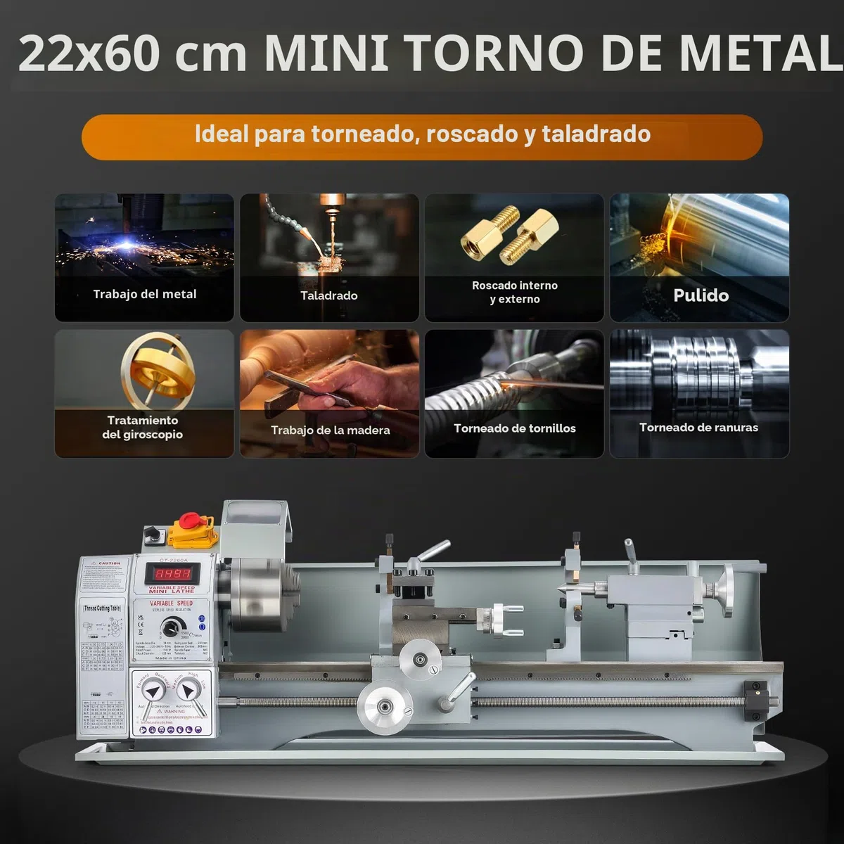 CREWORKS 1100W Mini Torno de Metal de Bancada 220x600mm 9"x24" de Alta Precisión con Portabrocas de 3 Mordazas y Velocidad de Husillo Máx. 3000 RPM Pantalla LCD para Roscado, Torneado, Taladrado
