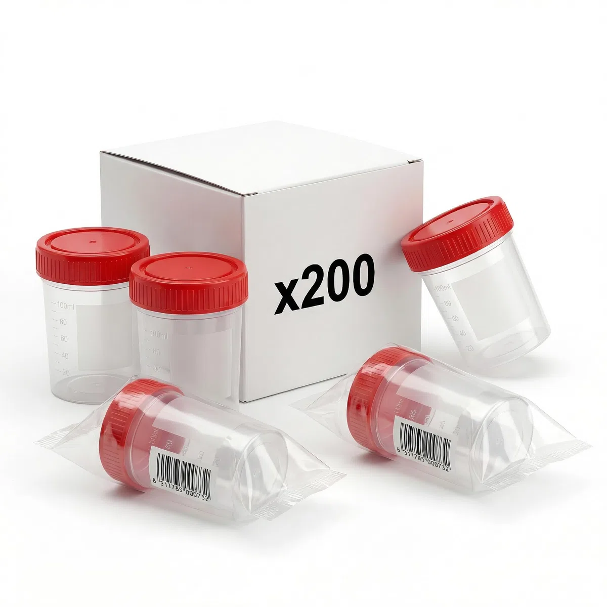 KMINA Colector de Orina 120 ml (200 unidades), Bote de Muestra con Tapón de Rosca Rojo, Graduado y con Banda Mate para Rotular, Higiénico