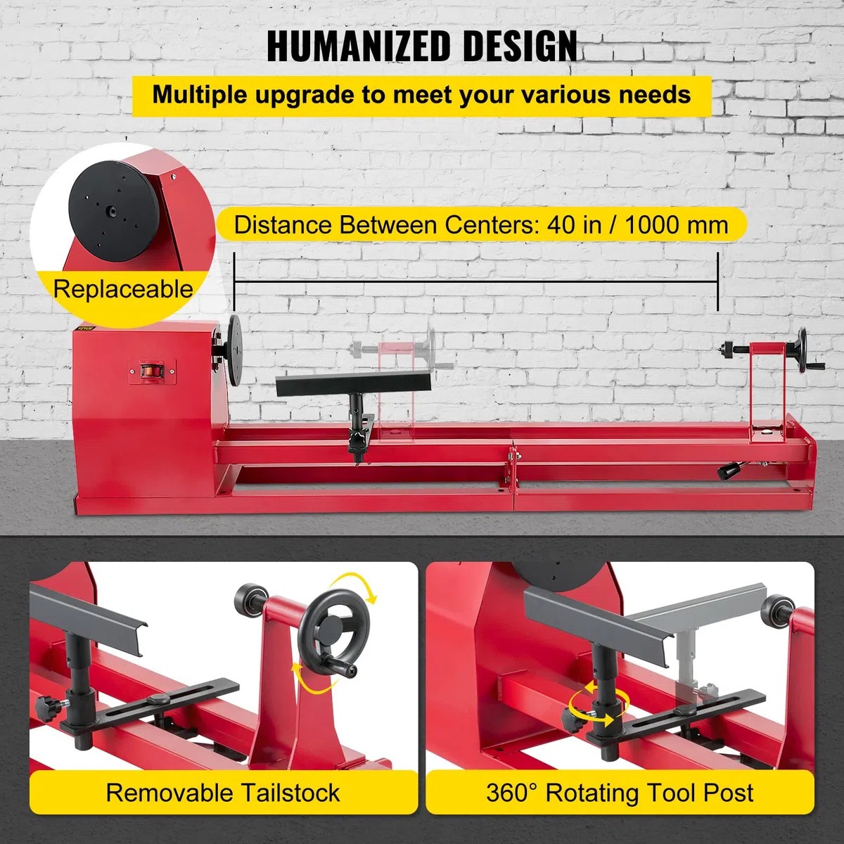 Torno de madera (400 W, 1100 – 3400 rpm, diámetro 350 mm, ancho de jeringa: 1000 mm, disco plano de 140 mm), color rojo