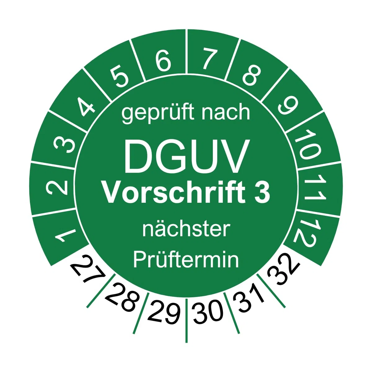 500 placas de prueba para DGUV V3 reglamento 3 – Ø 30 mm – 2027 – 2032 – sostenible – verde – 2026 próximo examen (500 unidades, verde)