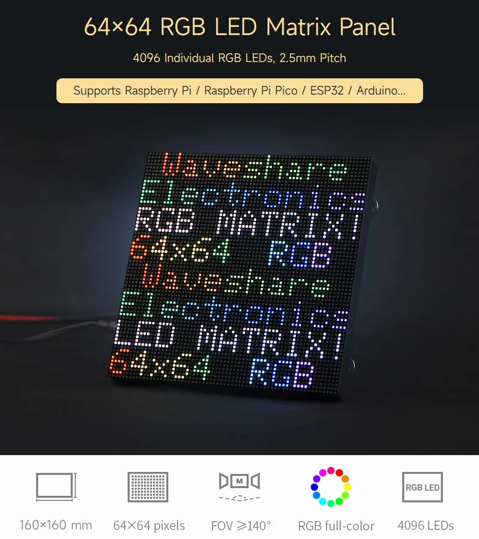 Waveshare RGB Full-Color LED Matrix Panel 2.5mm Pitch 64x64 Pixels Adjustable Brightness Compatible with Raspberry Pi/Pico/ESP32/Arduino