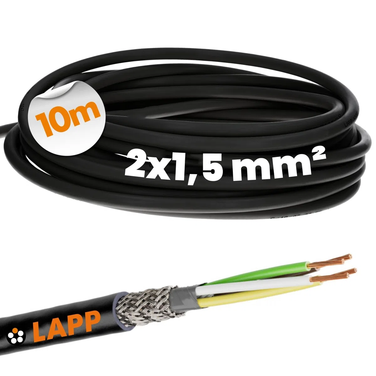 10m Lapp 1030549 LiYCY cable de control apantallado 2x1,5 mm² I resistente a los rayos UV I cable de señal I cable de datos para uso en exteriores I cable para soldar I cable de conexión LED I negro