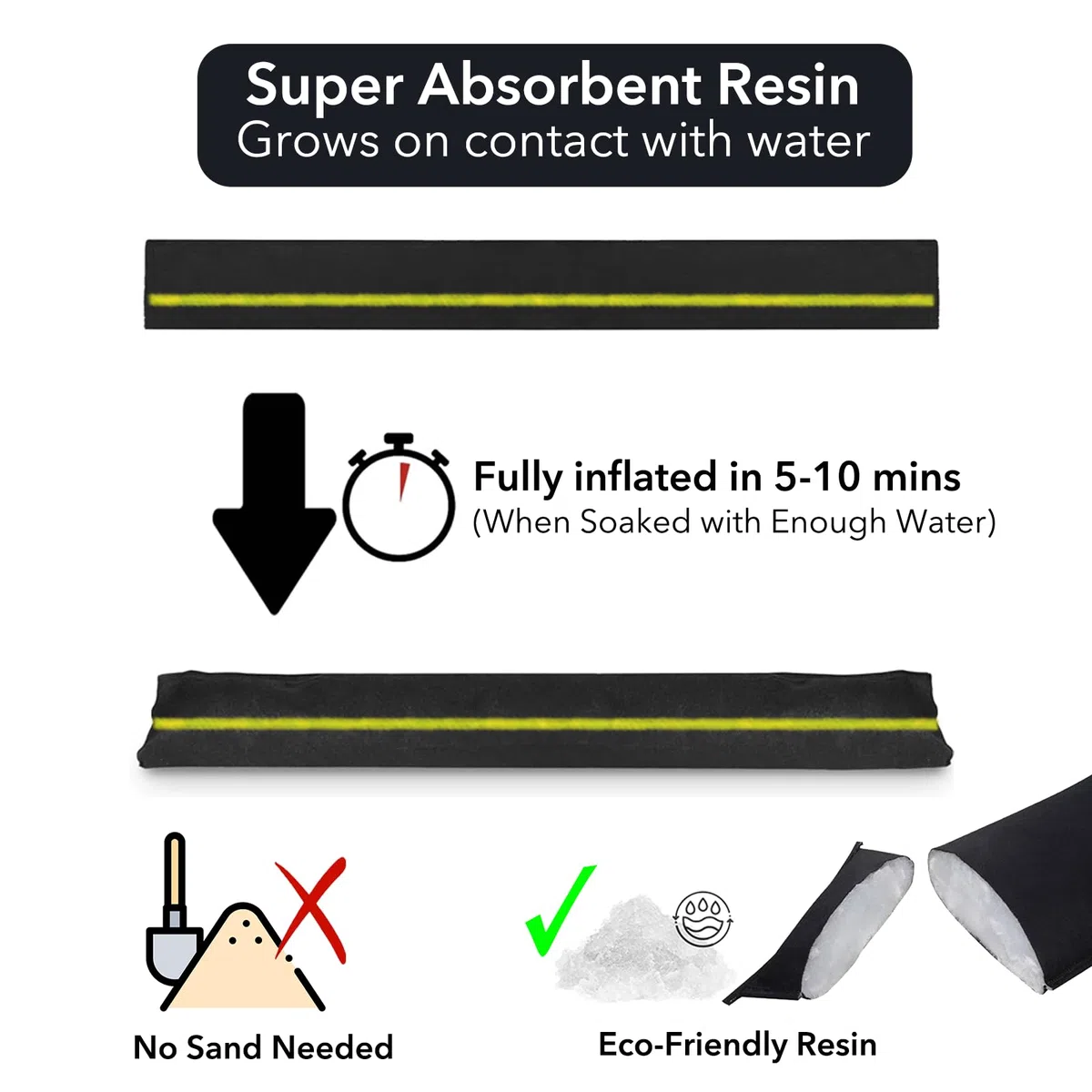Bolsa de arena sin arena activada por agua para control de inundaciones, 4 bolsas de inundación de 5 x 8 pulgadas con tiras reflectantes, barrera de inundación para el hogar, tienda, garaje,