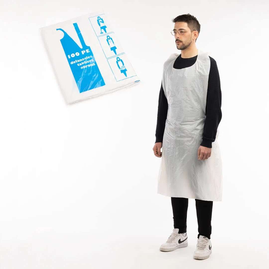 ARESO | Delantales Desechables Adulto 100 Unidades, Delantal Plastico Impermeable y Reciclable, Mandil Blanco con Nudo en Espalda, Delantal Cocina, Pintura, Laboratorio
