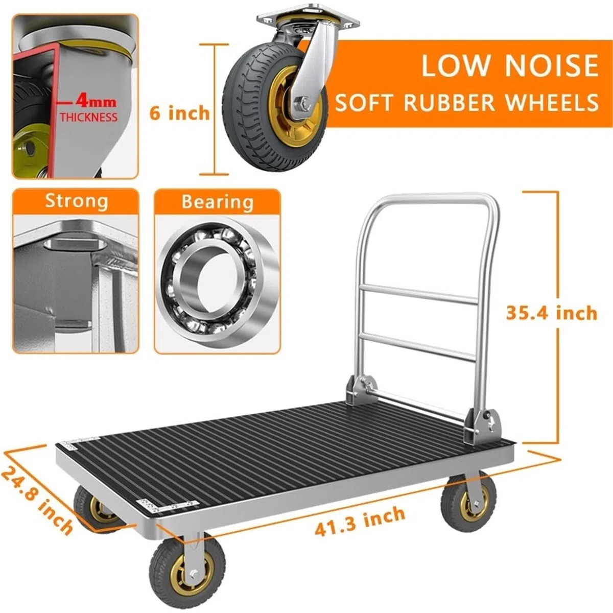 Carretillas manuales plegables de plataforma Carro plegable de plataforma for camión con amplia superficie plana y tapete goma, ruedas resistentes 6 pulgadas, carretilla acero for empuje manual