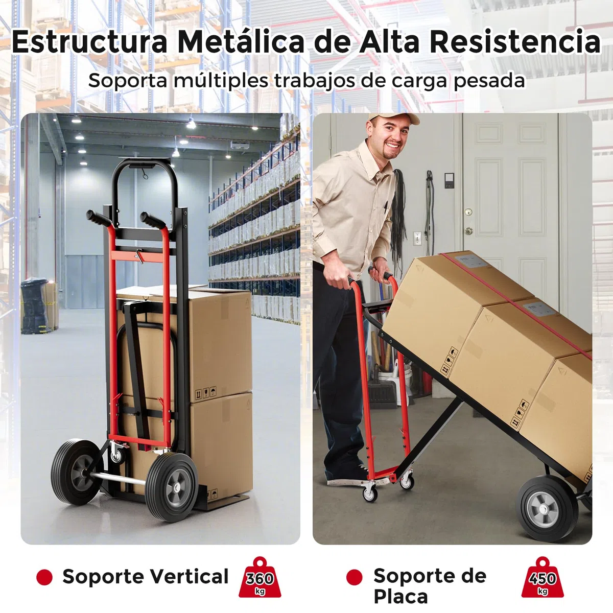 COSTWAY 3 en 1 Carretilla de Mano Plegable, Carretilla de Transporte Convertible con 4 Ruedas de Goma, Cuerda de sujeción, Carretilla de Carga Industrial con Plataforma Plegable, Carga 450 kg (Rojo)
