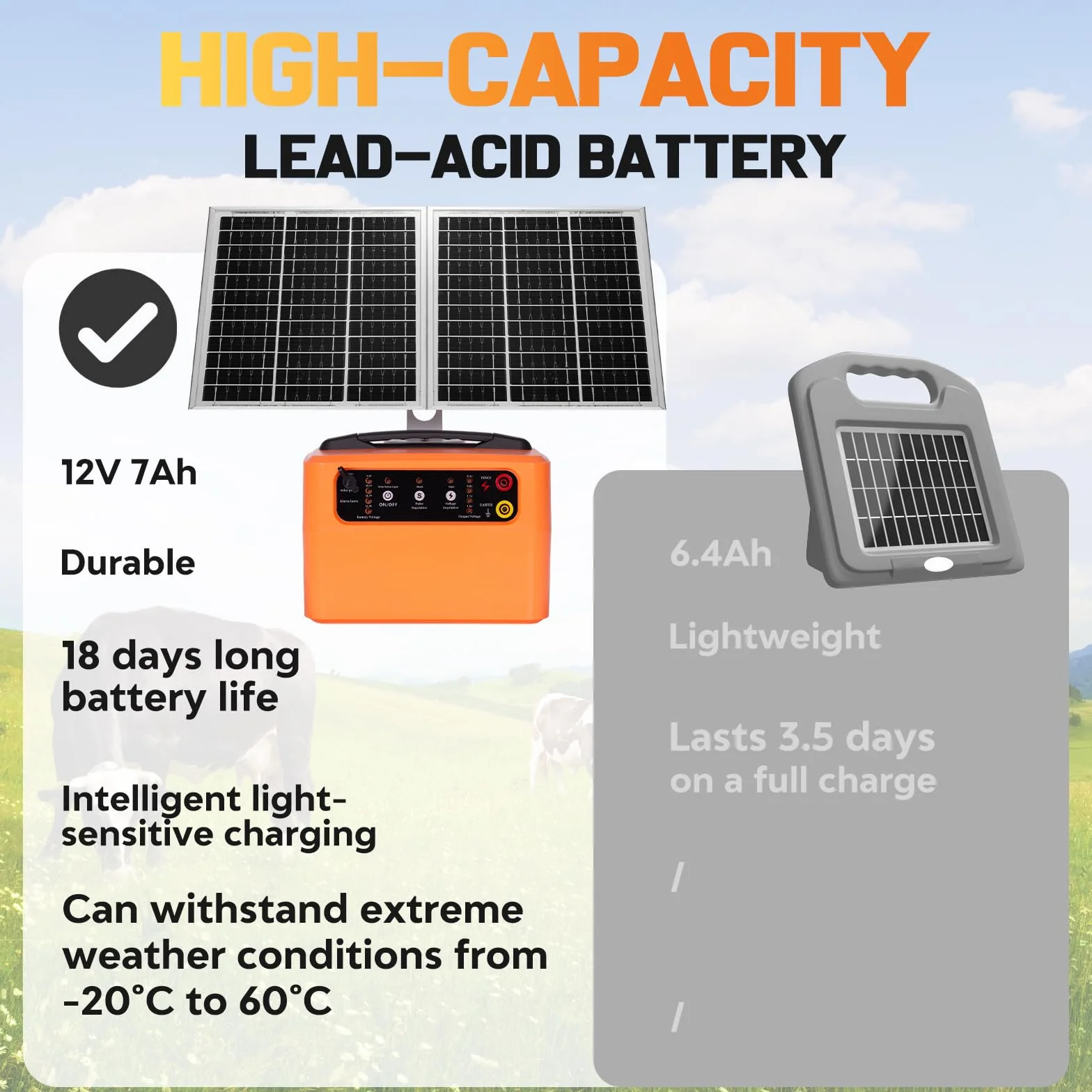 48KM Pastor Eléctrico Solar, Recinto eléctrico con panel solar de 15 W,0.3-1.5J, 6KV-12KV pastor eléctrico, para vacas, ganado, cría de aves de corral, pastor (naranja)