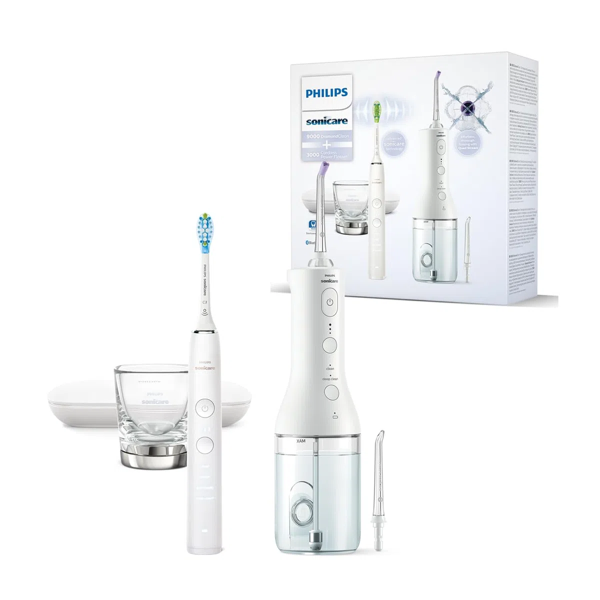 Cepillo dental eléctrico DiamondClean 9000 e irrigador oral Philips Sonicare Power Flosser sin cable: limpieza de dientes, encías y eliminación de placa, en blanco (modelo HX3886/41)