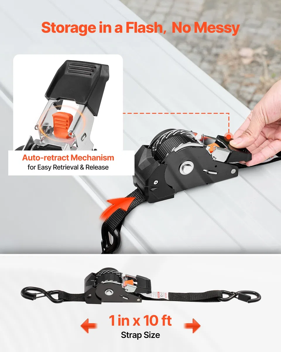 VEVOR Correas de Trinquete Retráctiles, 25,4 mm x 3 m, con Ganchos en S, Resistencia a la Rotura de 544 kg, 4 Bucles Suaves, para Mudanzas, Remolques, Motocicletas, Kayaks, Techo de Coche, 4 uds