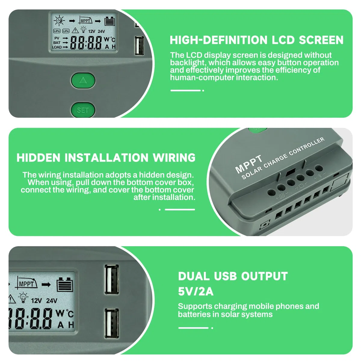 Controlador de carga solar 12V 20A Bluetooth mppt regulador solar Doble USB Identificación automática 12V/24V Tensión máxima de circuito abierto 60V Pantalla LCD MRL20