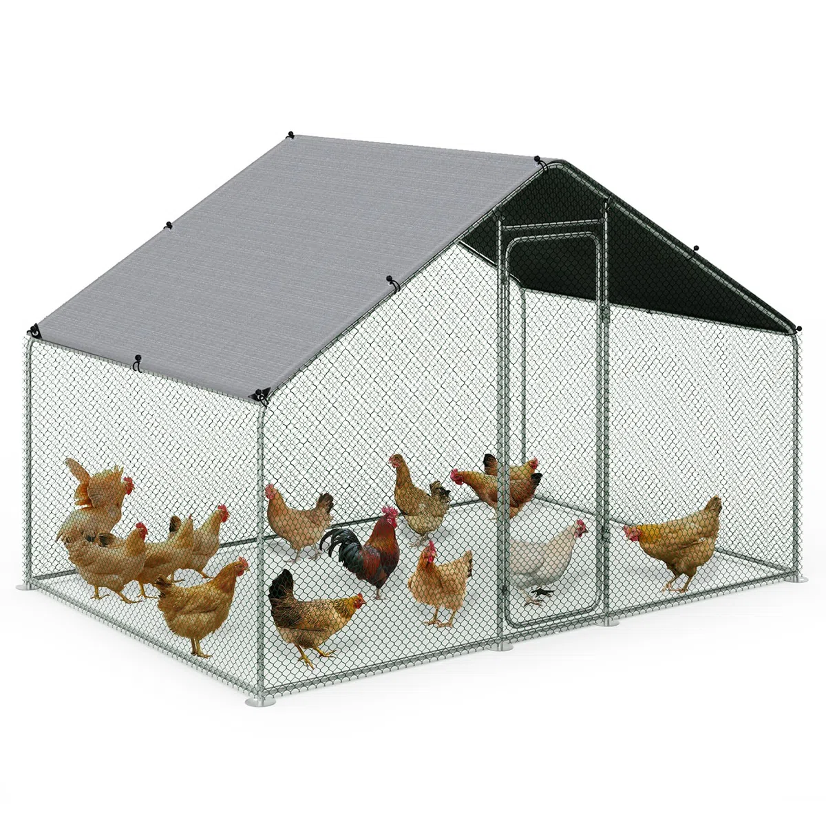 VOUNOT® Gallinero Exterior Metálico 6 m², Jaula para Gallinas Conejos y Animales Pequeños con Puerta con Cerradura y Cubierta PE, 300x200x200 cm