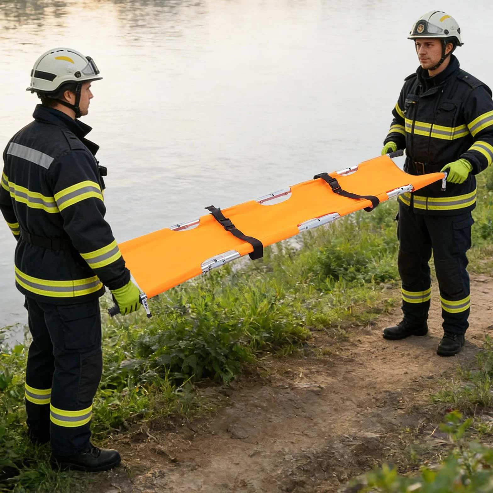 Mochila de rescate portátil, plegable, 150 kg, capacidad de carga máxima de 150 kg, camilla multifuncional con 2 cinturones de seguridad negros, para bomberos, servicios de emergencia