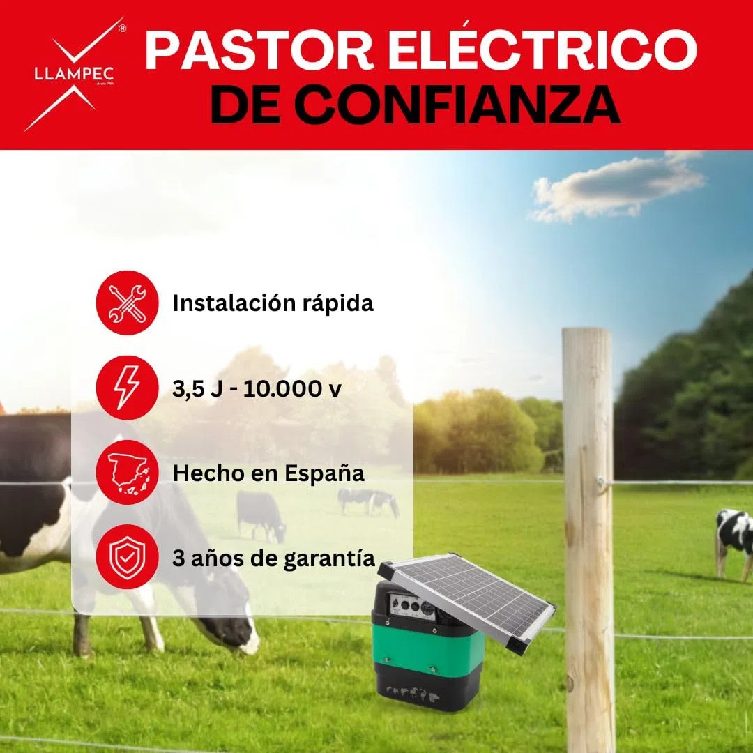 Pastor eléctrico solar Llampec Mod.30S con panel 12V 10W incluido – 3,5 J, 10.000 V y 35 km de alcance – Ideal para mascotas, ganado equino, vacuno, porcino y animales salvajes – Fabricado en España
