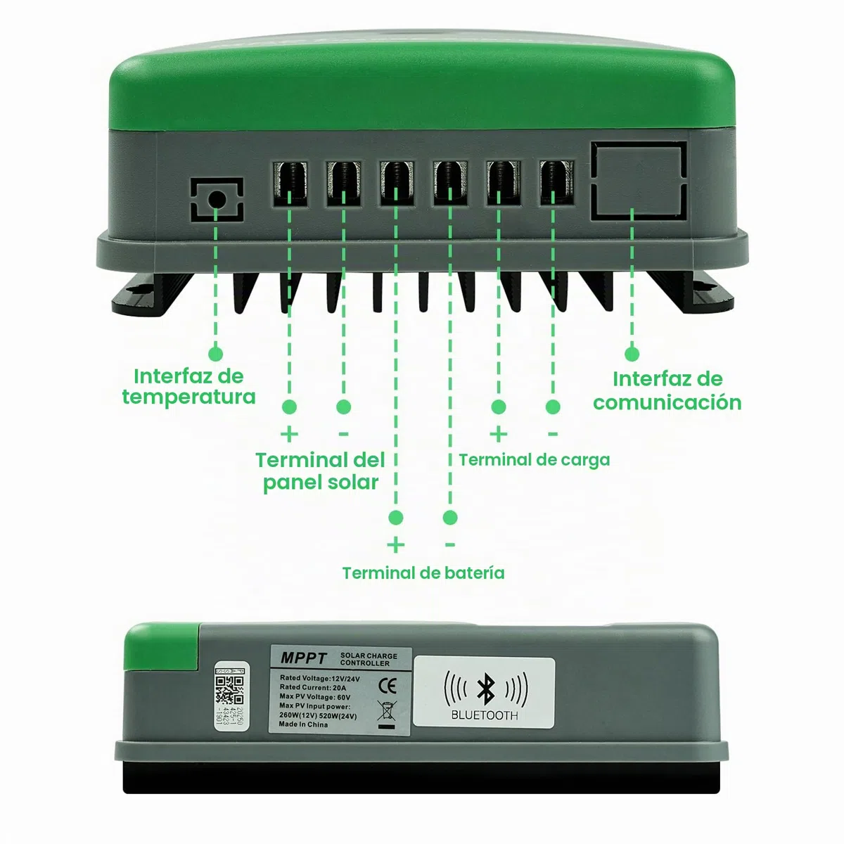 Controlador de carga solar 12V 20A Bluetooth mppt regulador solar Doble USB Identificación automática 12V/24V Tensión máxima de circuito abierto 60V Pantalla LCD MRL20