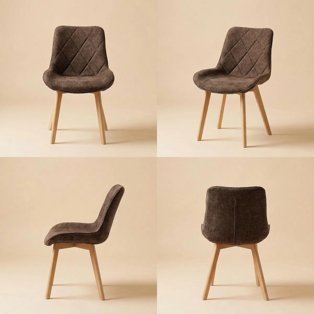 Juego de 4 Sillas de Comedor Tapizadas de Lino con Patas de Madera Maciza, Color Marrón