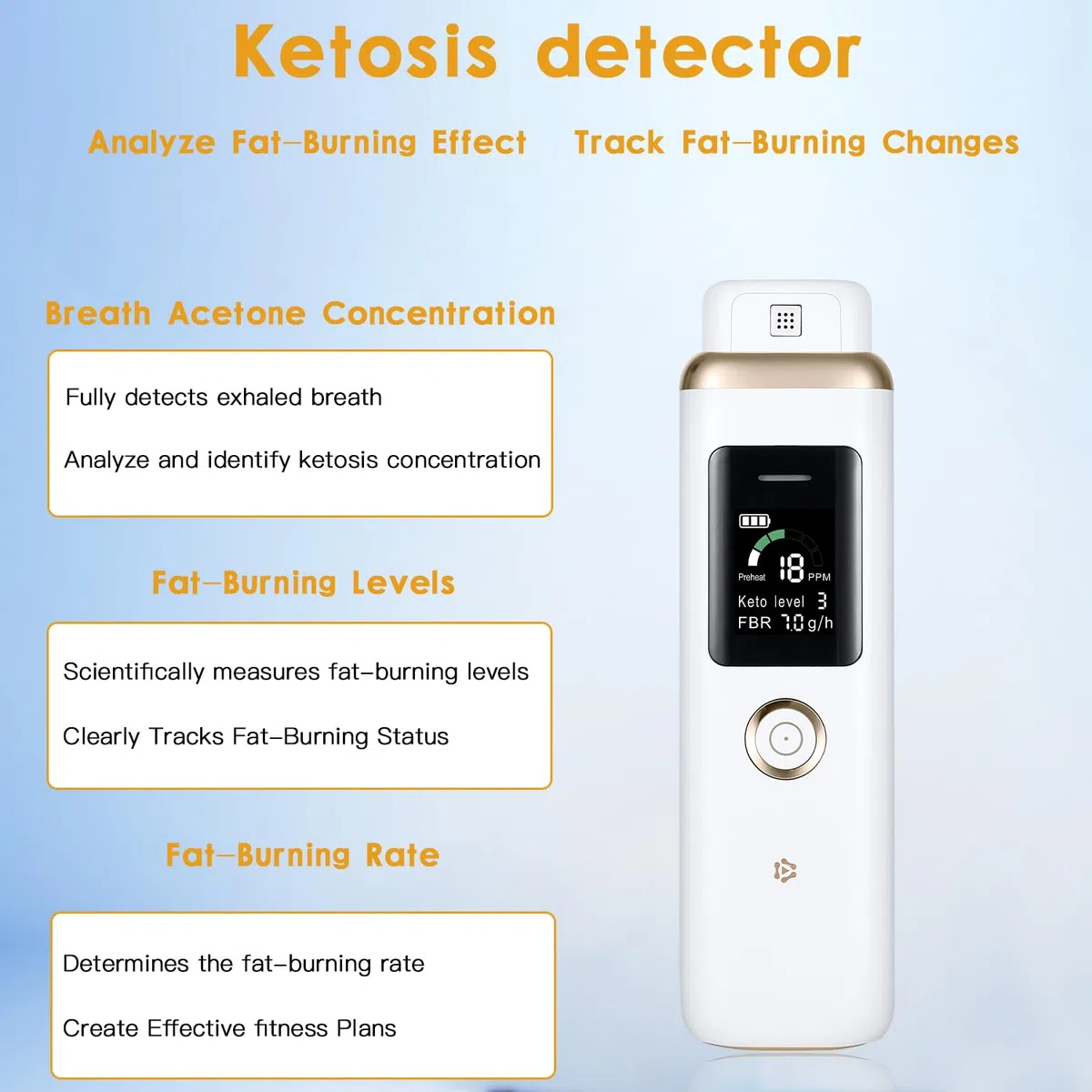 Medidor de cetonas de aliento profesional, analizador de aliento de cetonas de precisión, portátil, probador de aliento de cetosis, potencia tu viaje de fitness para uso personal (Blanco)