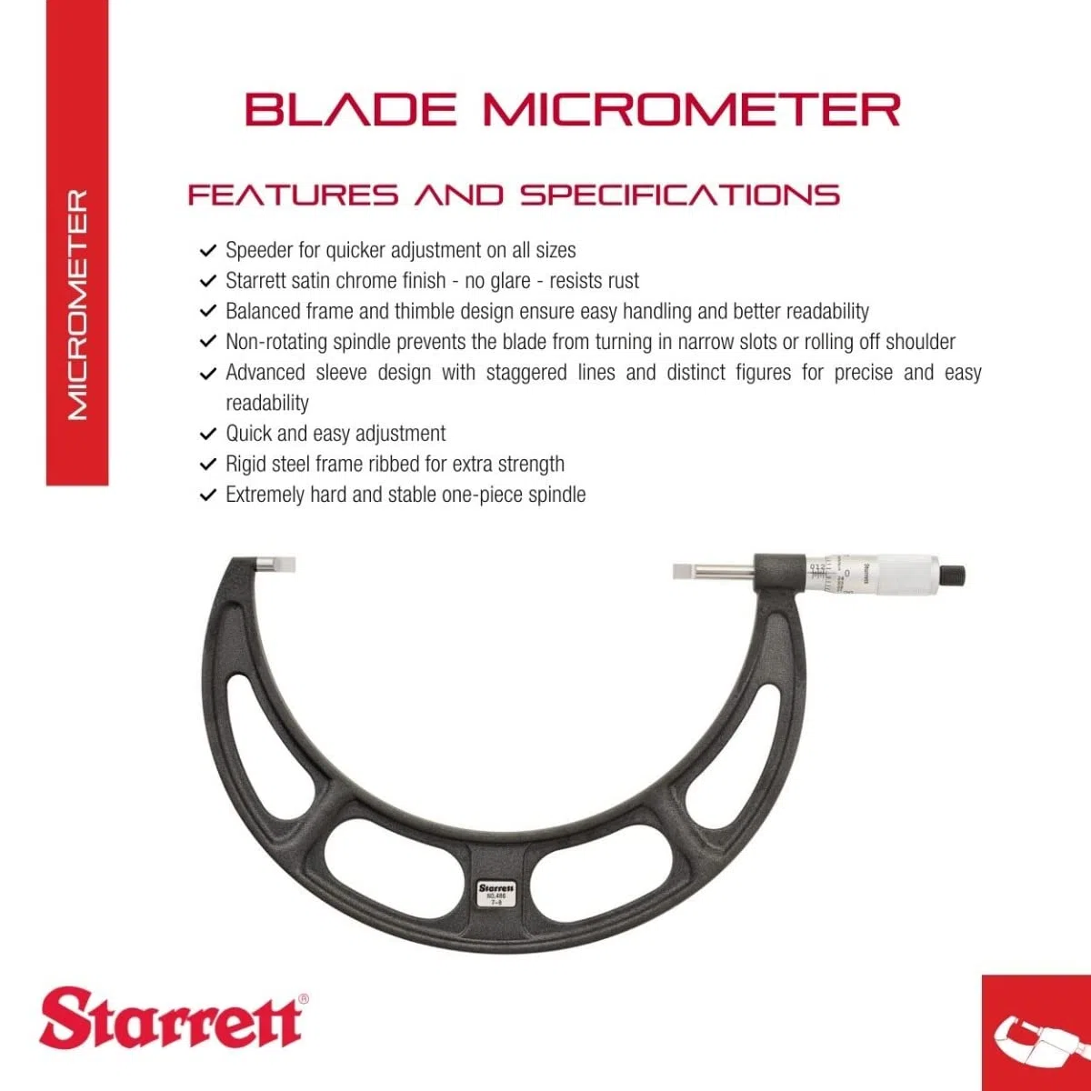 Starrett 486P-8 - Micrometro tipo cuchilla, no giratorio, entrelazado plano, rango de 17,78-20,32 cm, graduación de 0,001 pulgadas