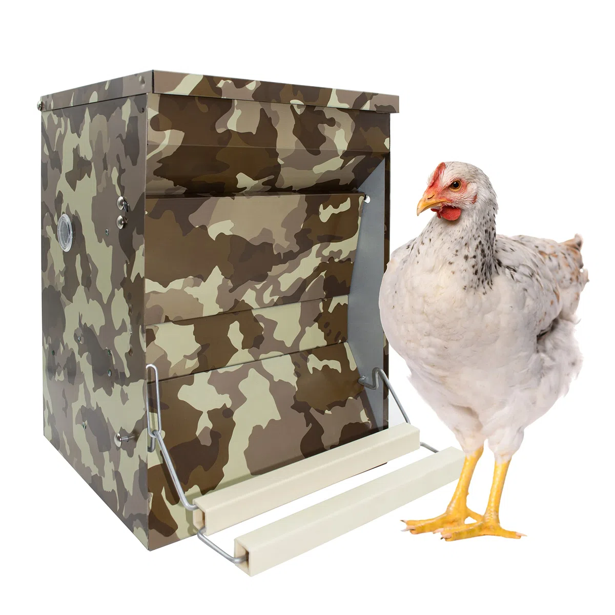 Tolva de Pedal para Gallinas y Otras Aves de Corral | Capacidad 12kg | Comedero Automático Antipájaros y AntiRatones | Chapa Diseño Camuflaje | Pedal Regulable
