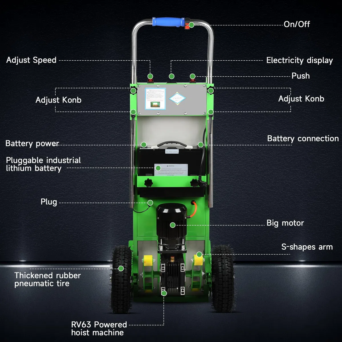 Afitdon - Carretilla eléctrica (1250 W, capacidad de carga de 408 kg, para escaleras y bajadas, con cuerda de seguridad y bomba de aire, color verde