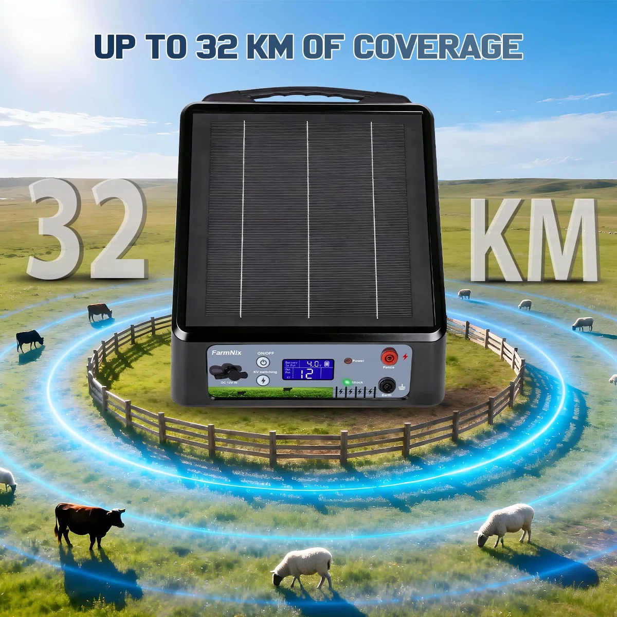 Pastor Eléctrico Solar 32km con Batería de Litio, Salida Ajustable 6-12KV 0.3-2J, Panel 6W & Batería 18Ah(18000mAh), IP55 Resistente para Caballos, Ganado, Jabalíes