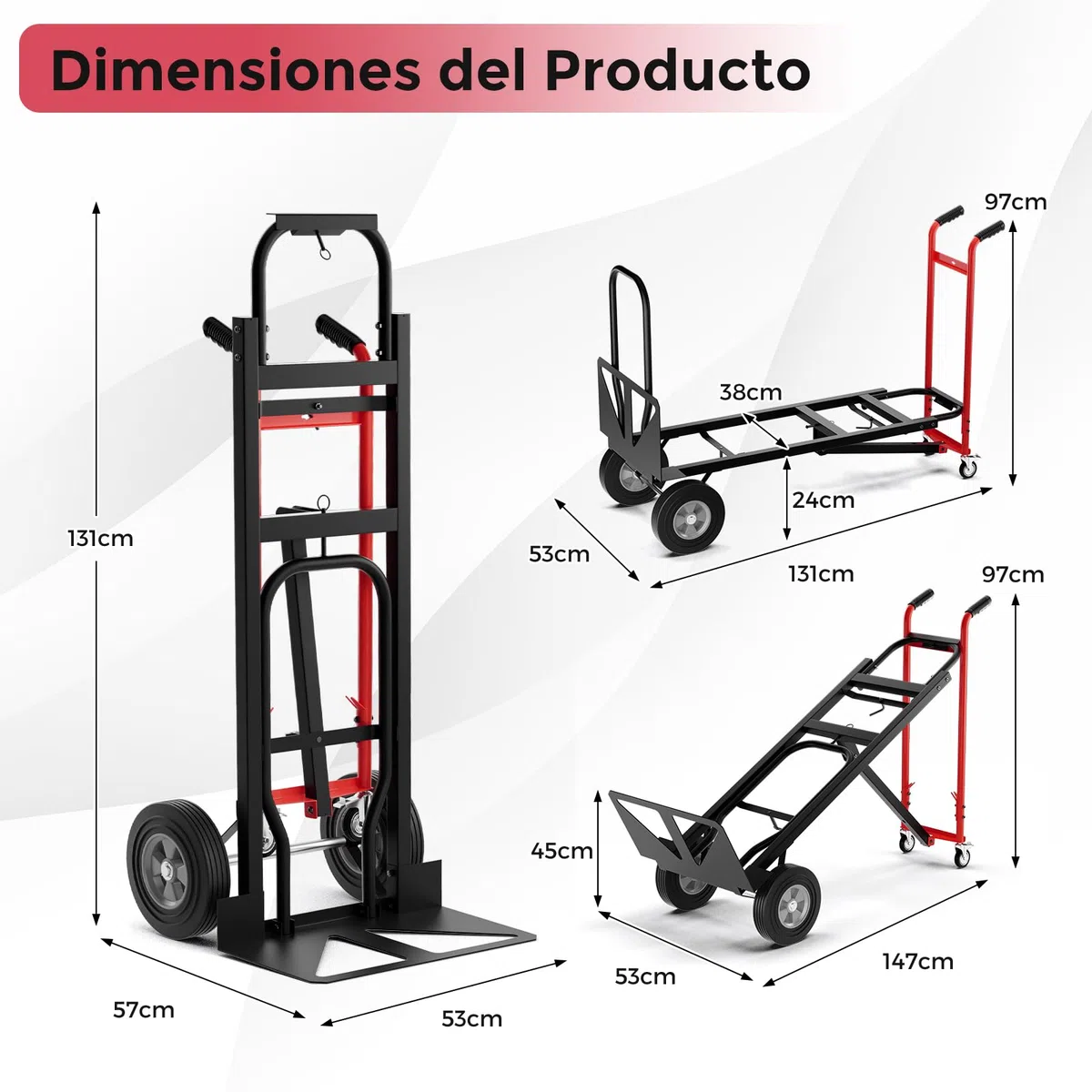 COSTWAY 3 en 1 Carretilla de Mano Plegable, Carretilla de Transporte Convertible con 4 Ruedas de Goma, Cuerda de sujeción, Carretilla de Carga Industrial con Plataforma Plegable, Carga 450 kg (Rojo)