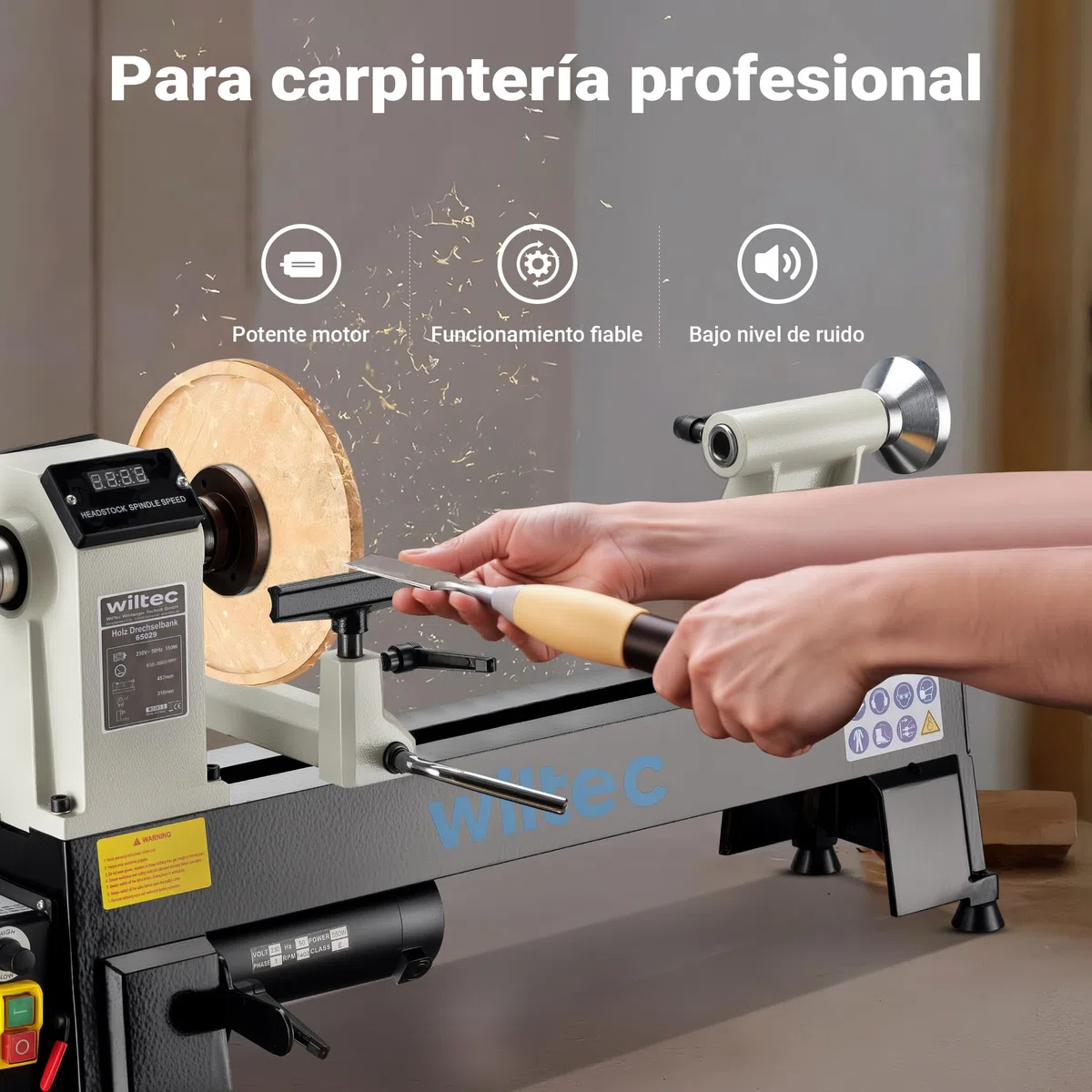 Wiltec Torno de madera 550 W velocidad variable 650-3800 rpm, máquina para madera con placa frontal, herramienta para tornear madera hasta 457 mm de largo