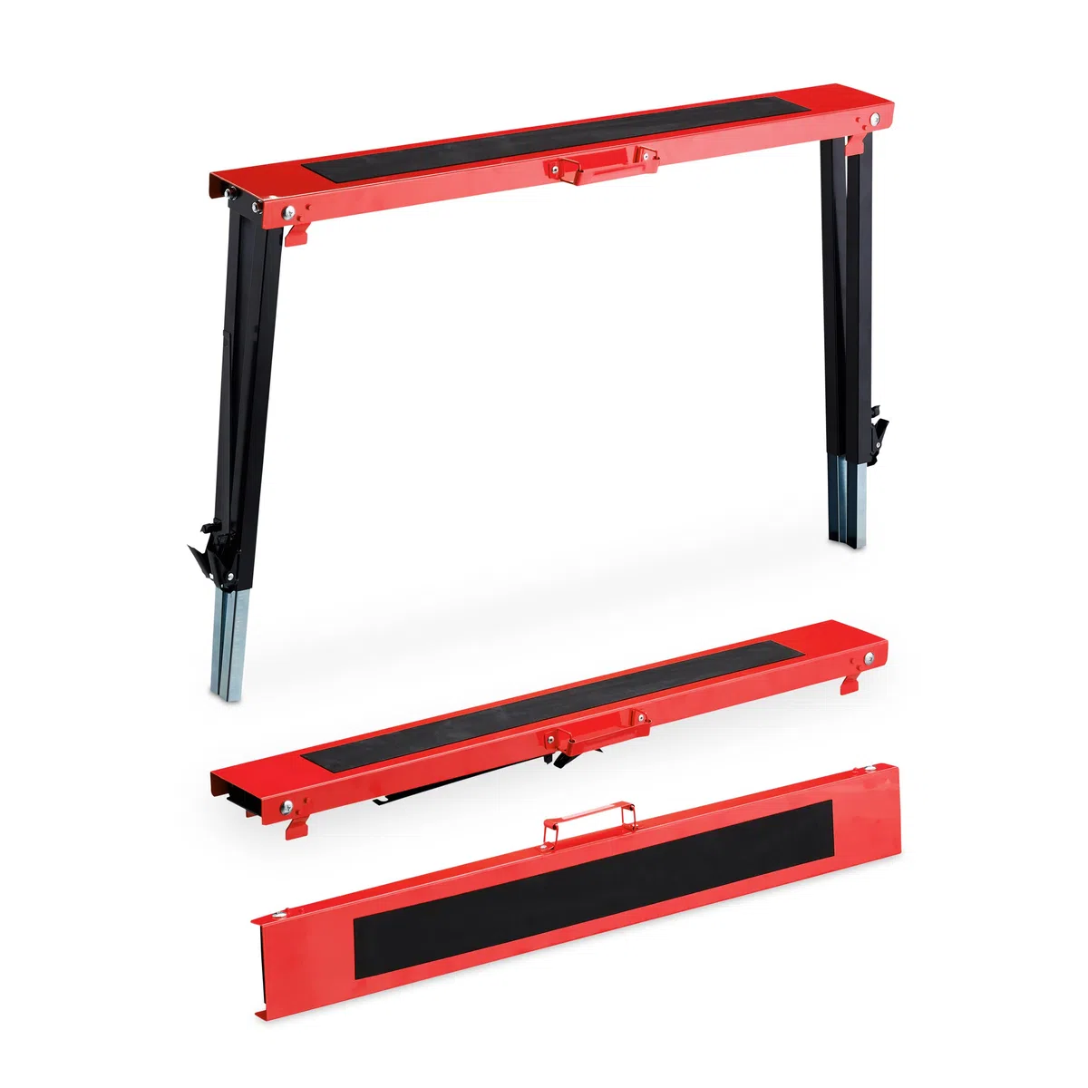 Relaxdays Caballete Trabajo, Set de 2, Altura Ajustable 12 Niveles, Carga hasta 150 kg, Plegable, Asa Transporte, Rojo