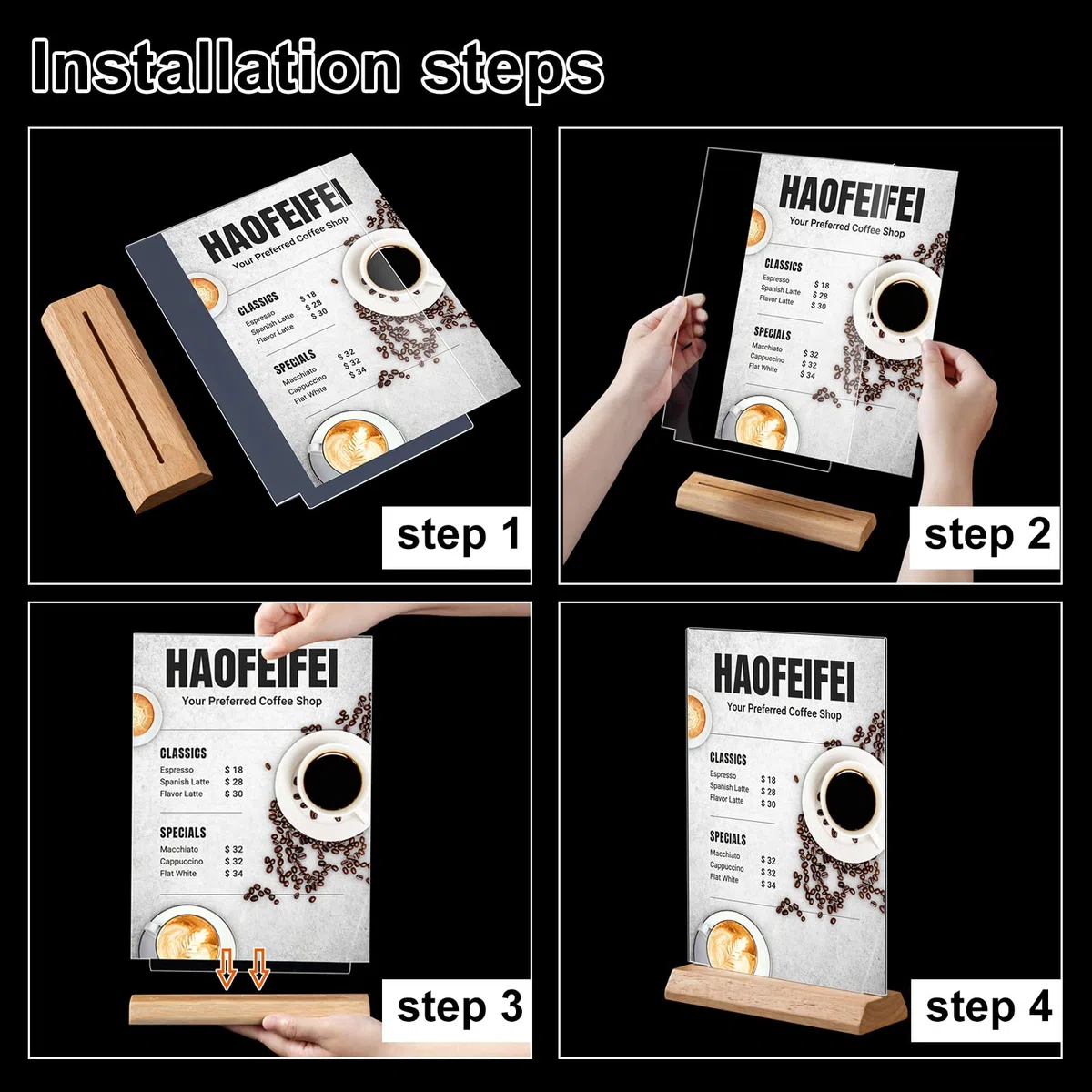 Expositor Metacrilato A4 con Soporte de Madera (Pack de 5), Porta Menús Doble Vista, A4 Soporte de Mesa T-Forma para Restaurante Hotel Bar Taberna Cafetería Bar, Inserción Directa