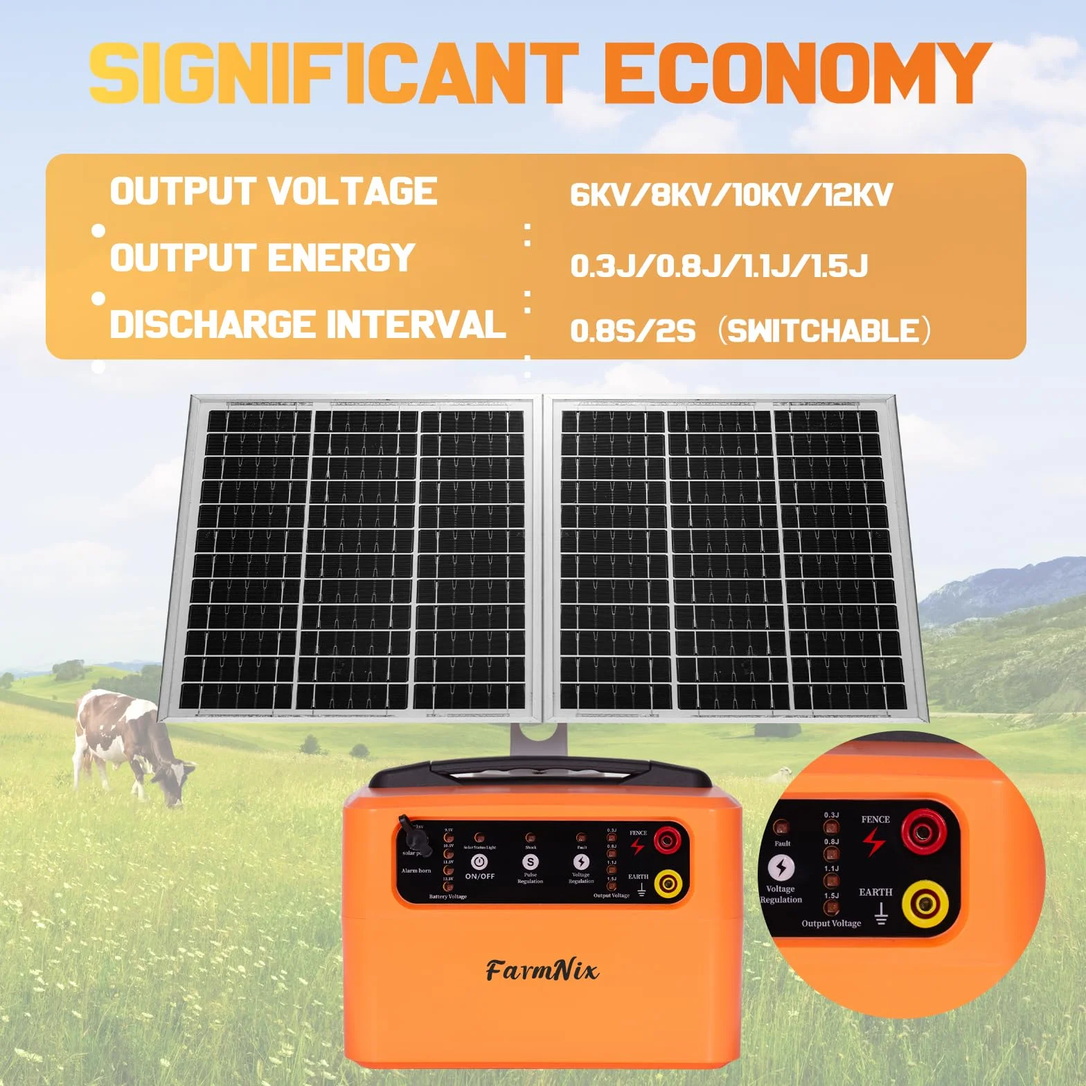 48KM Pastor Eléctrico Solar, Recinto eléctrico con panel solar de 15 W,0.3-1.5J, 6KV-12KV pastor eléctrico, para vacas, ganado, cría de aves de corral, pastor (naranja)