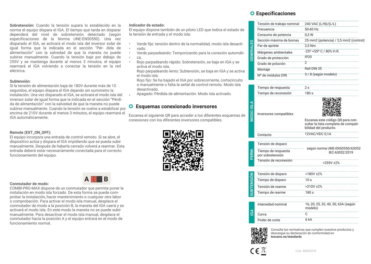 Tóscano 10004923 COMBI-PRO-MAX-2P40 | Backup y Modo Isla | Sistema de Control y Protección para Instalaciones Fotovoltaicas | IGA 2P 40A 6KA 230VAC con Protección de Sobretensiones