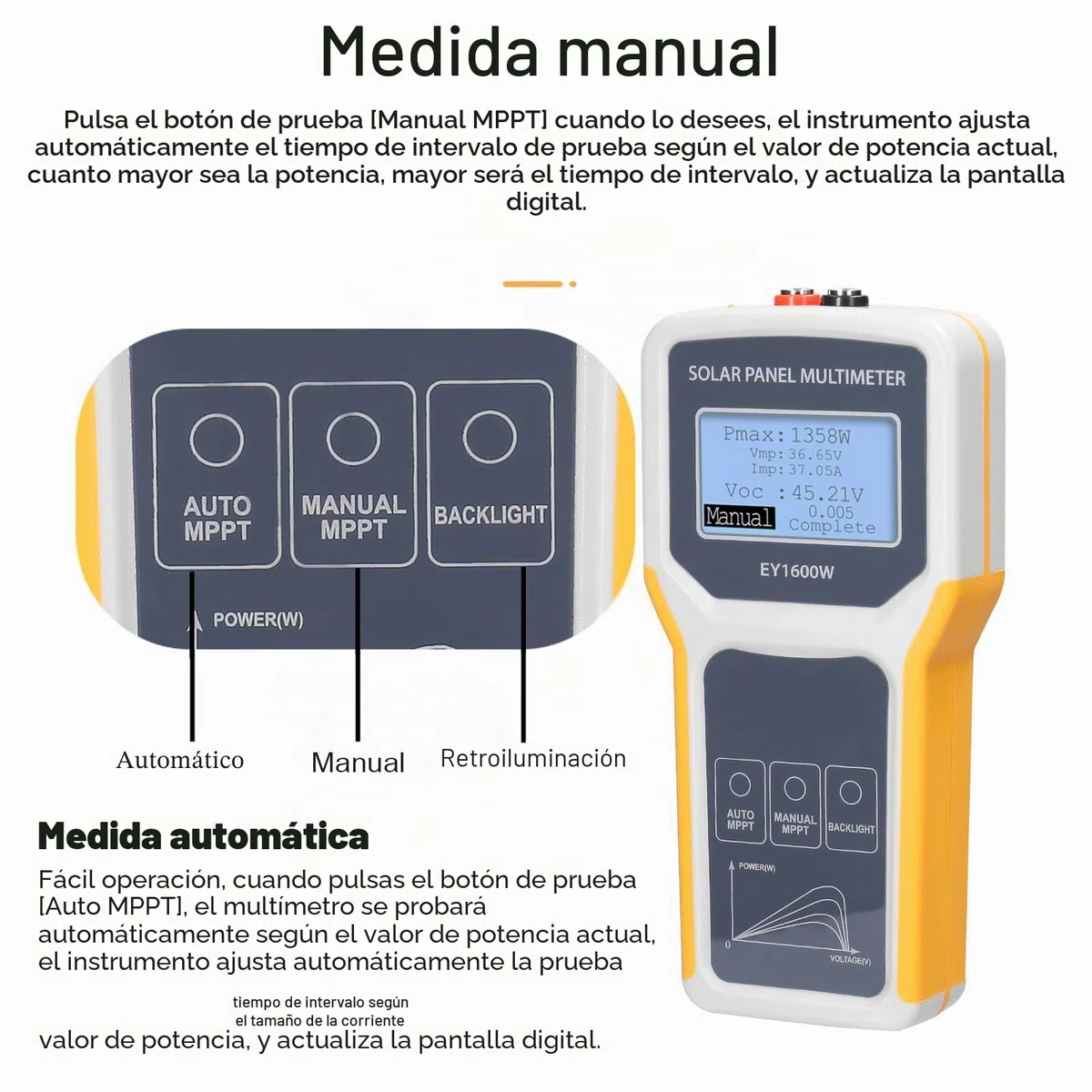 Multímetro de panel solar, probador MPPT de panel solar de 1600 W, probador de voltaje de circuito abierto, voltaje de punto de potencia de masa, medidor de prueba de potencia actual con LED