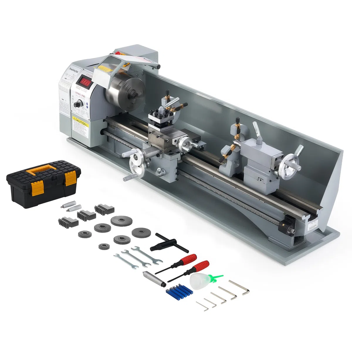 CREWORKS 1100W Torno de Metal, 220X750MM Torno para Metal de Sobremesa con Máx. Velocidad 3000 RPM, Torno de Metal con Pantalla Digital para Torneado de Metales para Roscar, Tornear