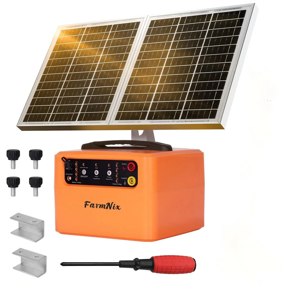 48KM Pastor Eléctrico Solar, Recinto eléctrico con panel solar de 15 W,0.3-1.5J, 6KV-12KV pastor eléctrico, para vacas, ganado, cría de aves de corral, pastor (naranja)