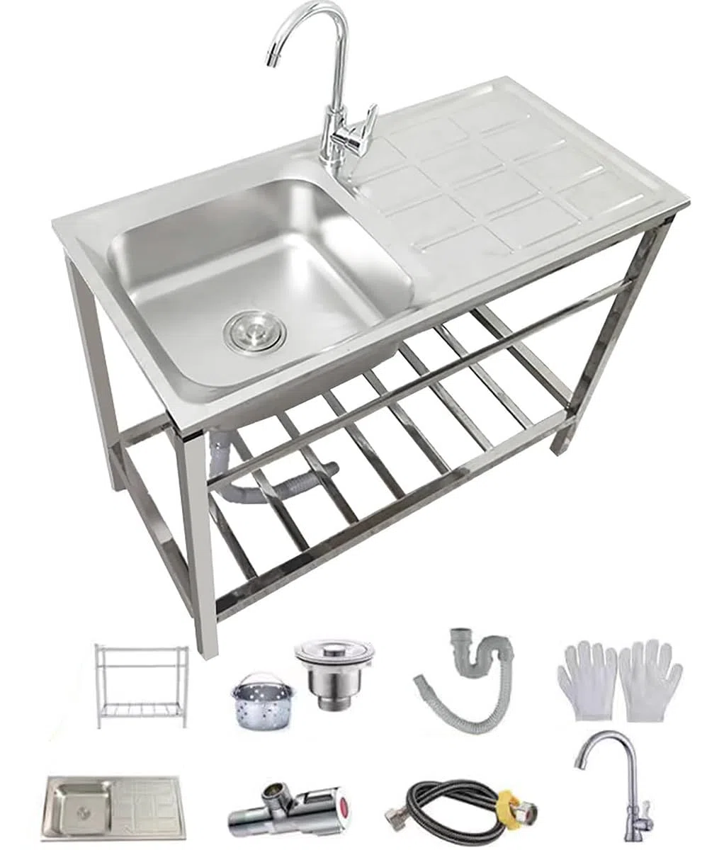 Fregadero de acero inoxidable 304, fregadero pequeño independiente con grifo y patas de banco de trabajo, fregaderos comerciales de un solo recipiente para garaje, restaurante, lavandería