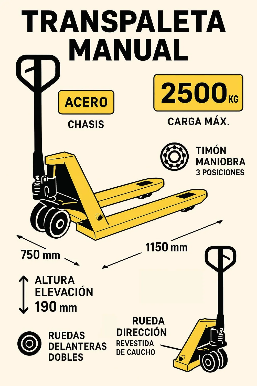 Benza Transpaleta BZ251150 Horquilla Larga, (Carga 2500 kilos, Horquillas Altura 75 – 190 mm, Estructura en Acero)