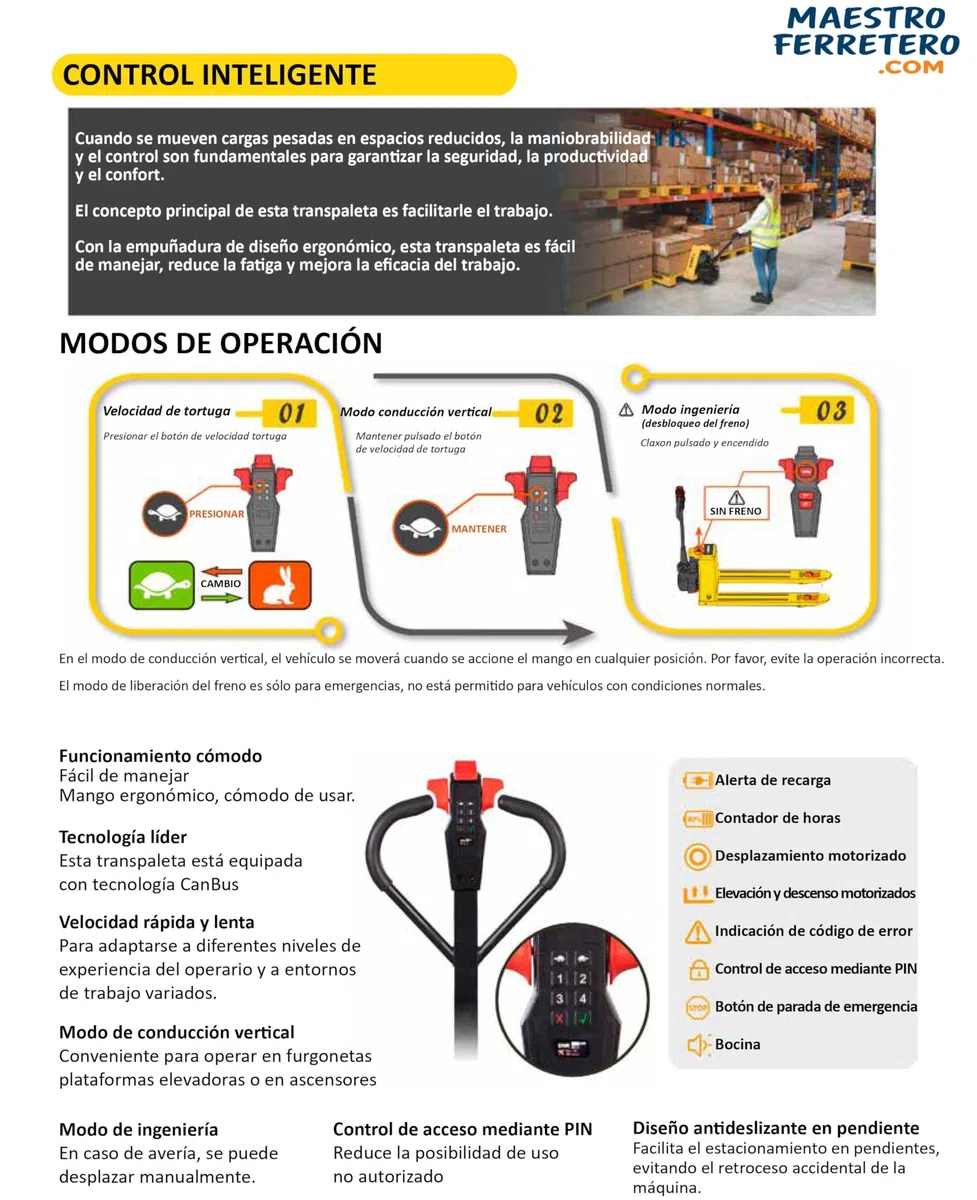 Transpaleta Eléctrica 2000 kg con Ruedas PU 48V Batería 10Ah Silenciosa para Suelos Epoxi CE