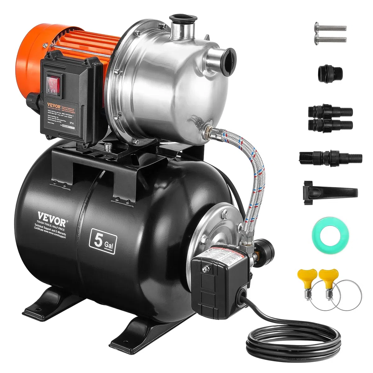 VEVOR Bomba para Pozos Poco Profundos de 1176 W 5600 L/H Con Tanque de Presión de 19 L - Refuerzo de Agua de Riego Automática Con Cabezal de Acero Inoxidable para Césped de Jardín