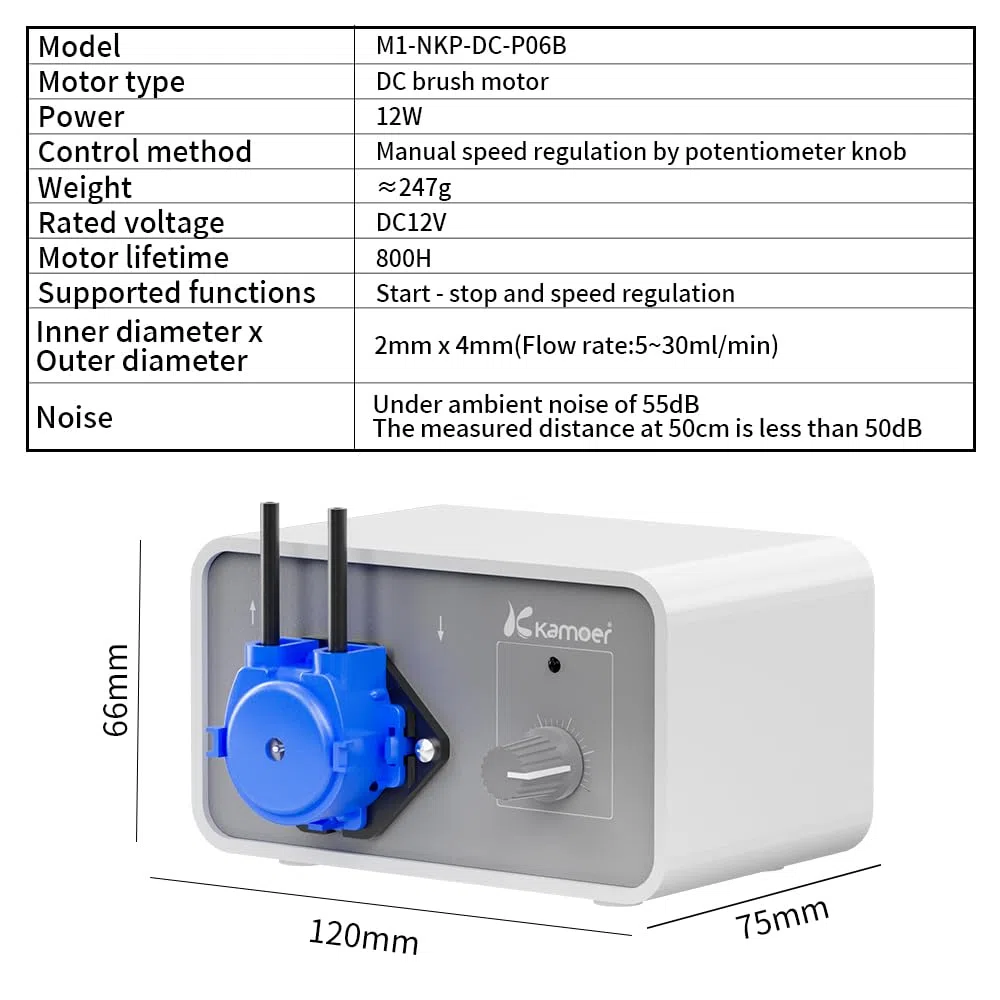 Kamoer M1-NKP Pequeña bomba peristáltica de 12 V de bajo flujo 5-30 ml/min Bomba dosificadora de líquido de velocidad ajustable Tubo Perx larga vida útil para laboratorio Fábrica Casa con adaptador de