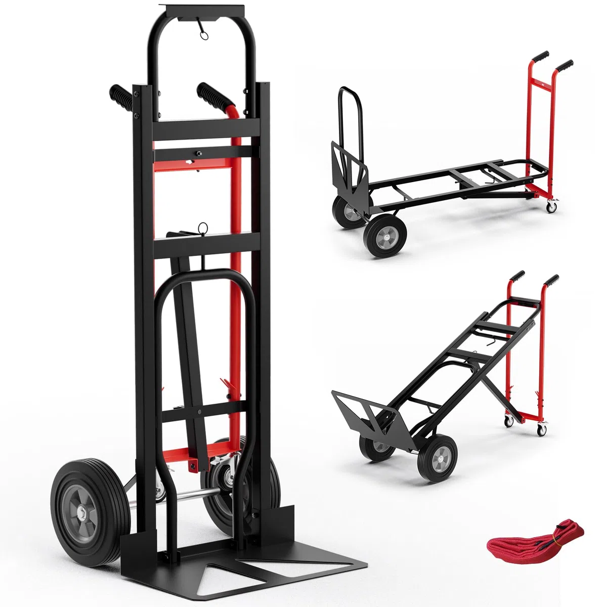 COSTWAY 3 en 1 Carretilla de Mano Plegable, Carretilla de Transporte Convertible con 4 Ruedas de Goma, Cuerda de sujeción, Carretilla de Carga Industrial con Plataforma Plegable, Carga 450 kg (Rojo)