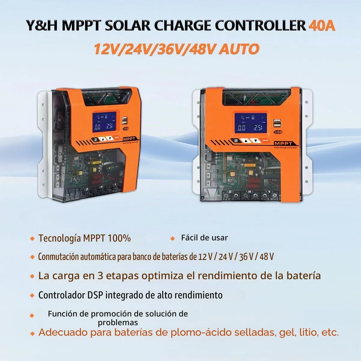 Y&H MPPT 40A Solar Charger Controller 12V 24V 36V 48V Battery Panel SolarPanel Regulador Max PV Input 150VDC Trabajo con AGM, Gel, Flooded y litio
