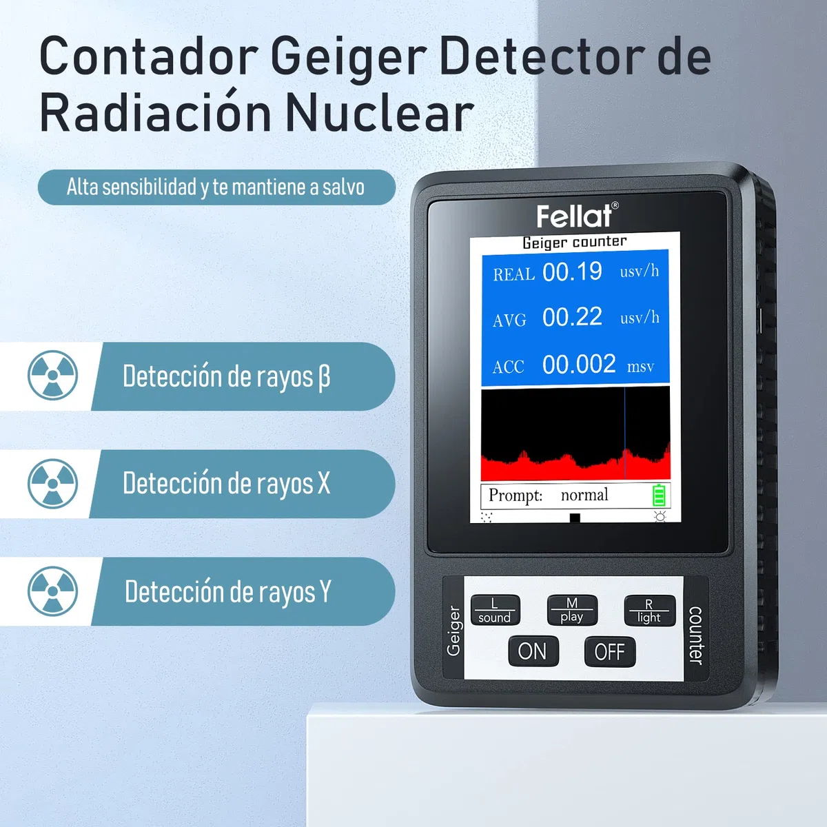 Detector de Radiación Nuclear Contador Geiger, Fellat Portátil Digital Dosimeter de Alta Sensibilidad Precisión Beta Gamma X-ray Monitor con Pantalla LCD Grande