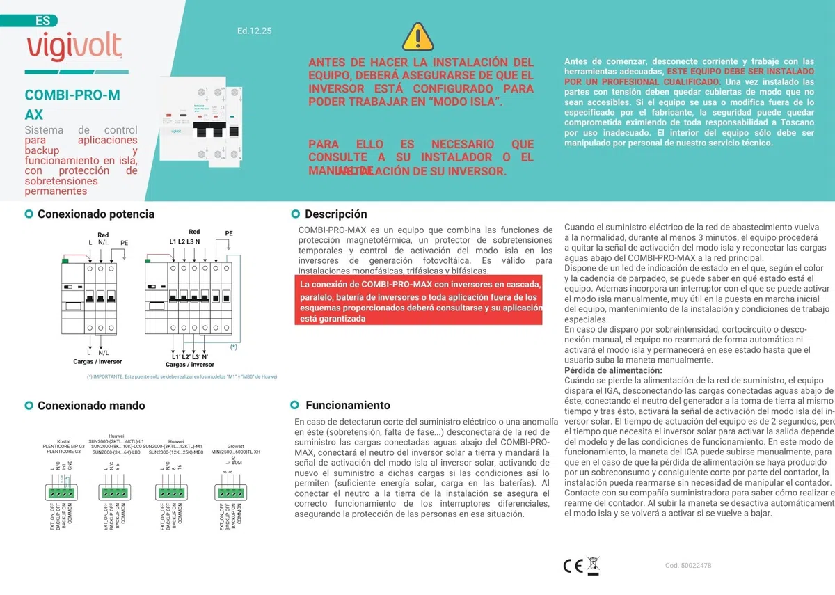 Tóscano 10004923 COMBI-PRO-MAX-2P40 | Backup y Modo Isla | Sistema de Control y Protección para Instalaciones Fotovoltaicas | IGA 2P 40A 6KA 230VAC con Protección de Sobretensiones
