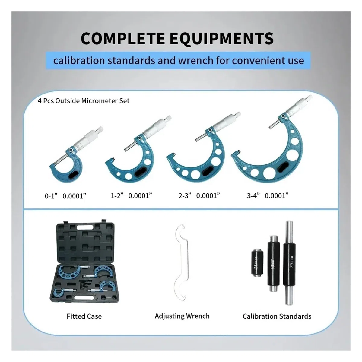 Juego de micrómetros exteriores de 0 a 25 mm, 25 a 50 mm, 50 a 75 mm, 75 a 100 mm, calibre micrométrico de 0,01 mm, herramientas de medición micrométrica