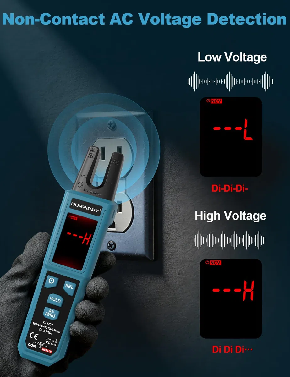 Pinza Amperimétrica Digital DURFICST de 4000 Cuentas, TRMS Amperímetro de Pinza con Medición de Corriente AC/DC de 200 A y Voltaje de 600 V, Prueba NCV, Medición de Capacitancia, Temperatura