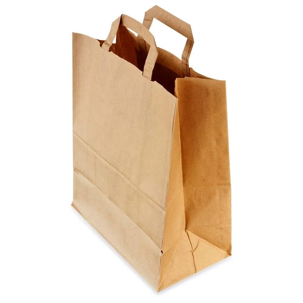 250 bolsas papel kraft 26x14x30 cm color marrón asas planas